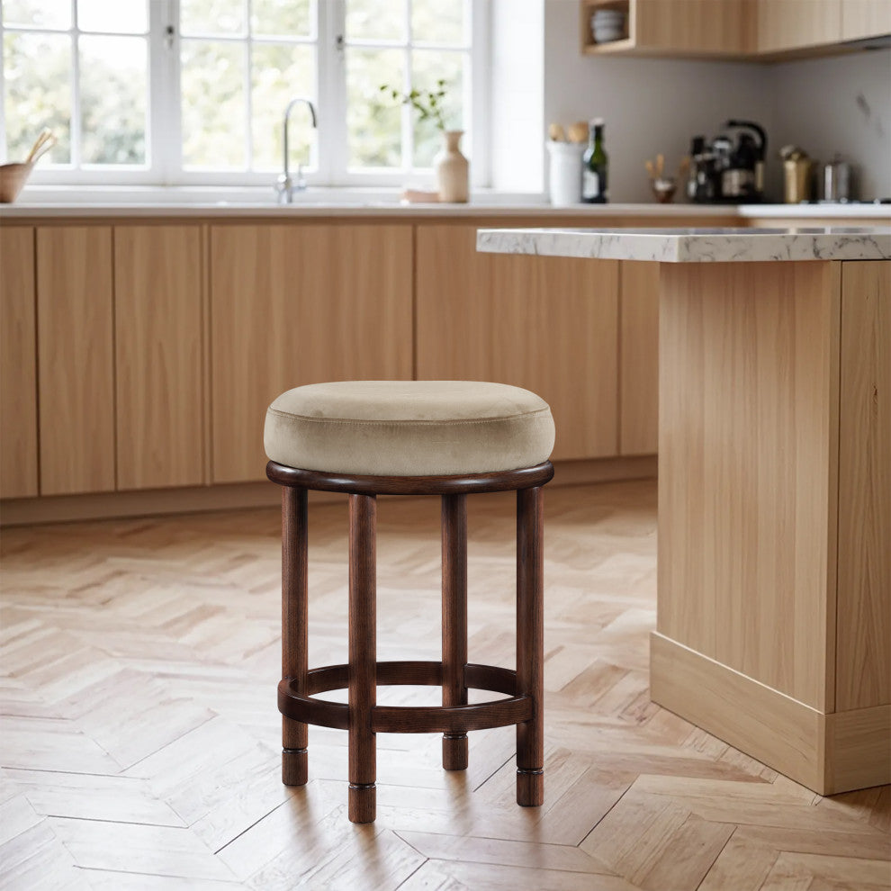 Monette Upholstered Bar and Counter Stool, Beige, Velvet, Brown Finish