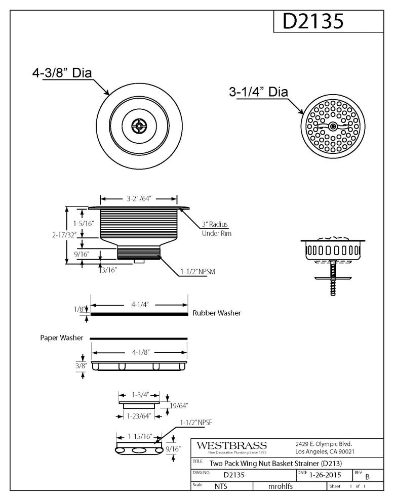 Two Wing Nut Style Large Kitchen Basket Strainer, Polished Brass, Polished Chrome