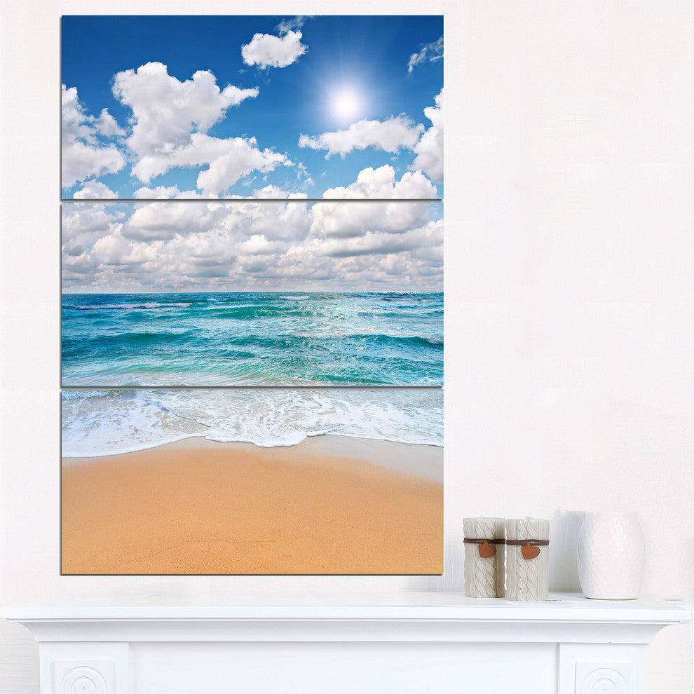 "Peaceful Seashore Under White Clouds" Beach Metal Wall Art, 3 Panels, 28"x36"
