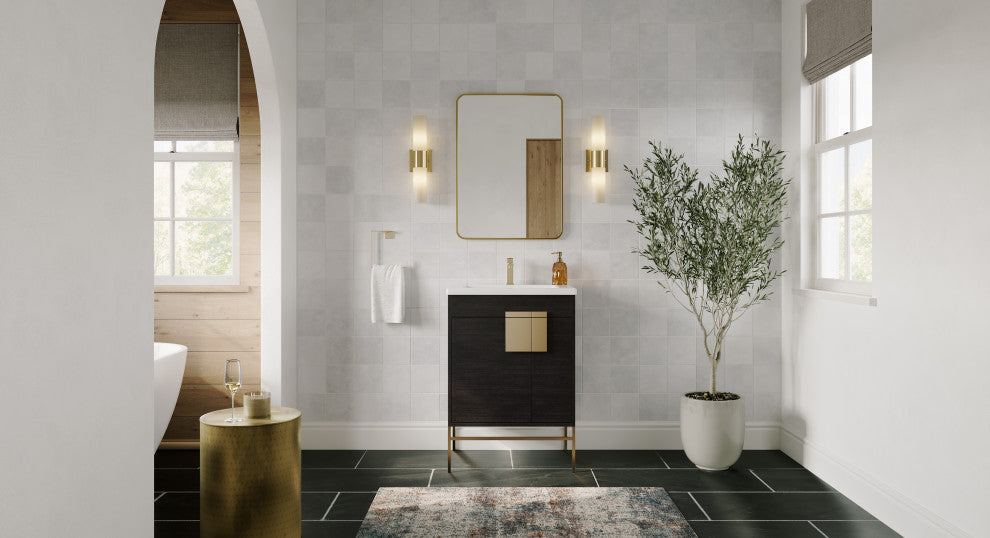 Lockhart Bath Vanity, Black Oak, 24", Satin Brass Hardware, Single Sink, Freestanding