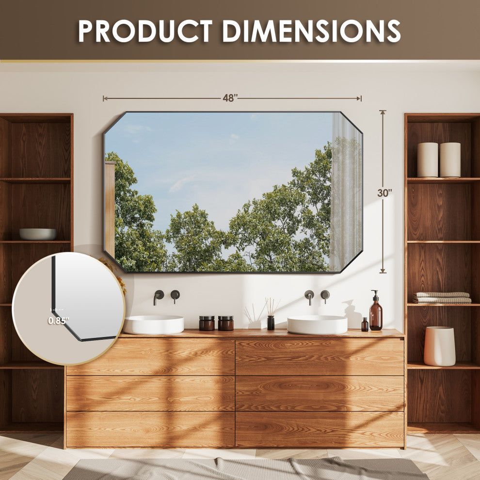 Allure Octagon Framed Bathroom Wall Mirror, Matte Black, 48"