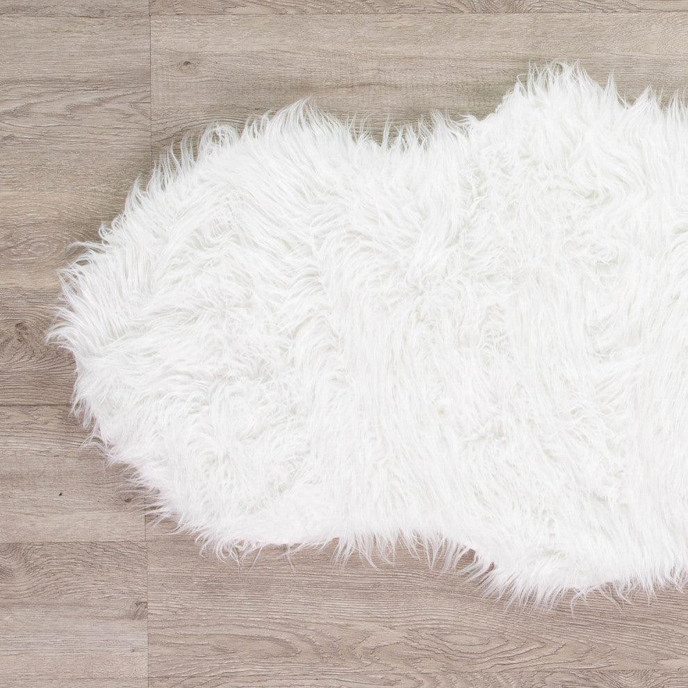 Plush and Soft Faux Sheepskin Fur Shag Area Rug, White, 2' X 6' Shaped