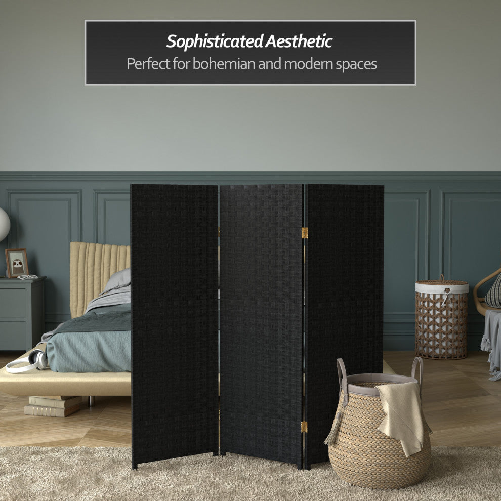 4' Tall Woven Fiber Room Divider, Black, 3 Panel