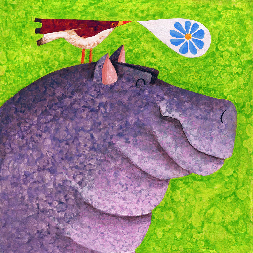 Marmont Hill, "Happy Happy Hippo" by Janet Nelson Print on Wrapped Canvas, 18x18