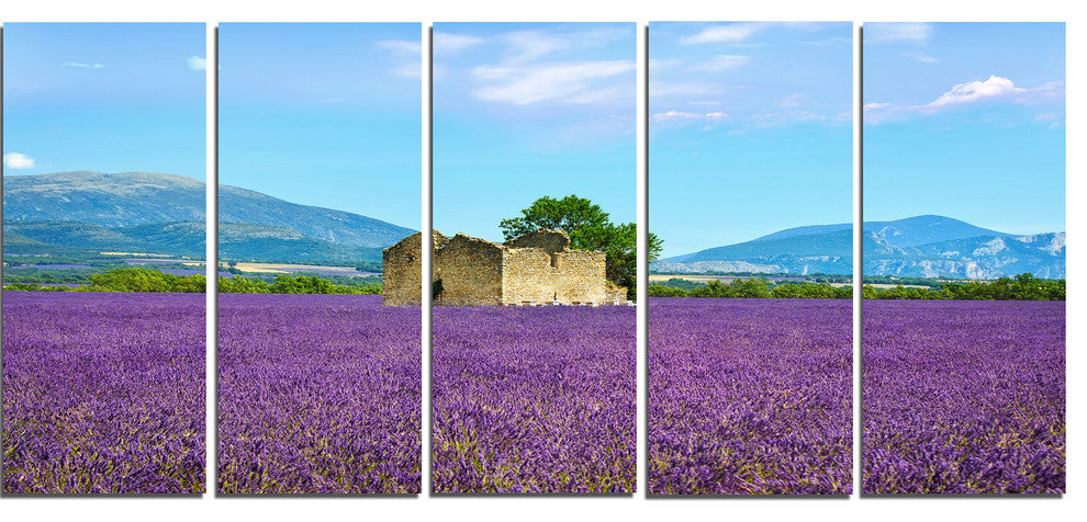"Old House And Tree in Lavender Field" Landscape Wall Art, 5 Panels, 60"x28"