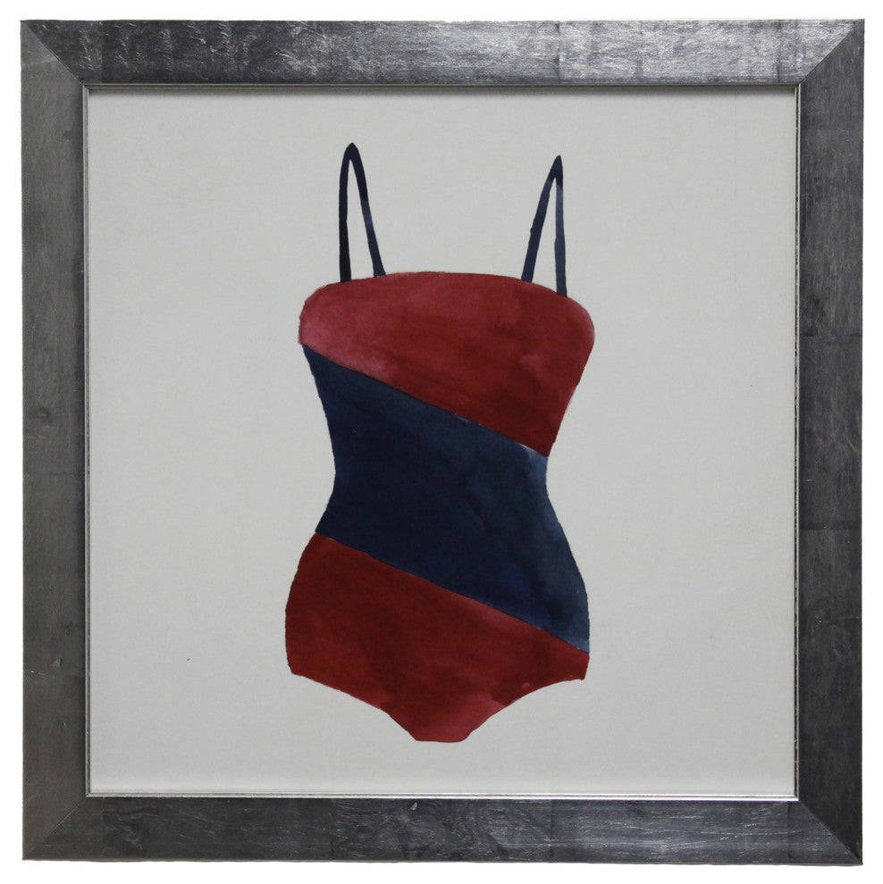 Square Red Bathing Suit With Blue Diagonal Middle, Flat Wide Silver