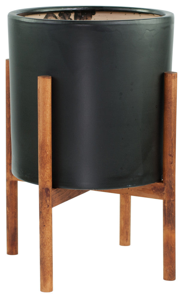 X Large Ceramic Pot 13" Black With Plant Stand Walnut Color Extra Large Planter
