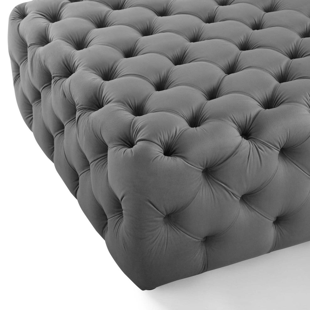 Anthem Tufted Button Large Square Performance Velvet Ottoman Gray