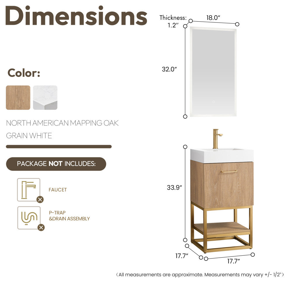 Alistair Vanity, North American Oak With Countertop, 18", With Mirror