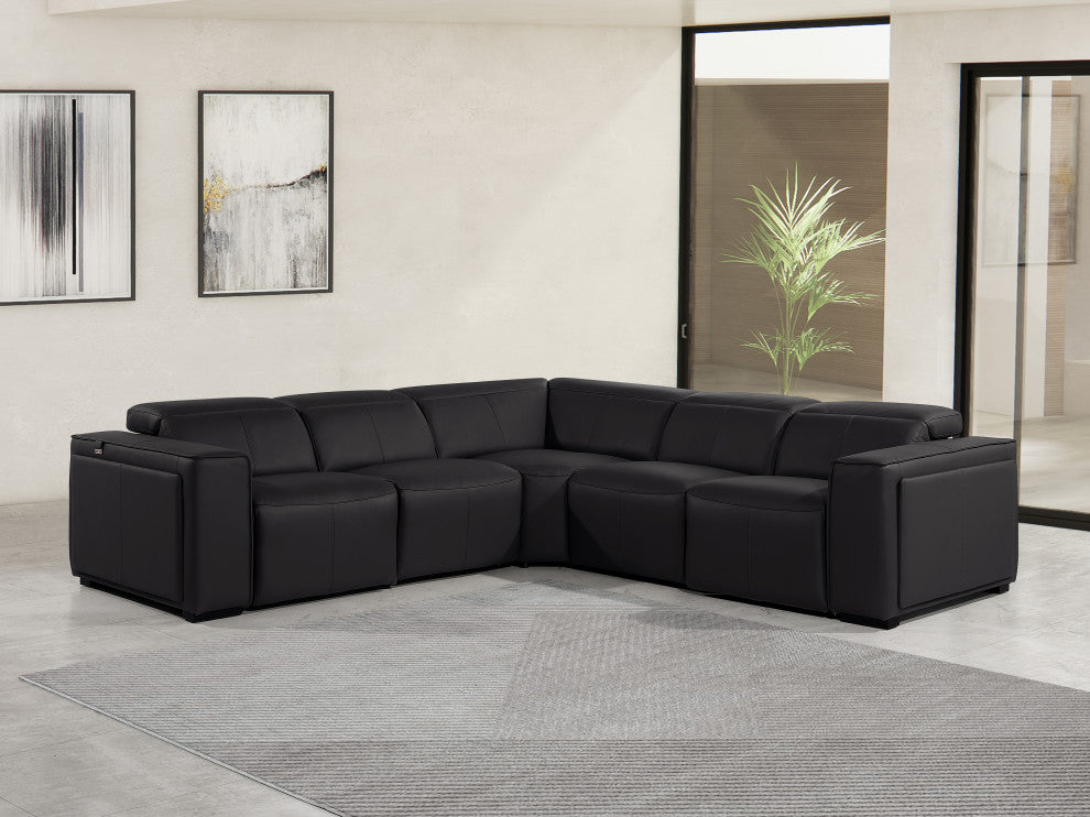 Niccolo Italian Leather 5-Piece L-Shaped Power Reclining Sectional, Black