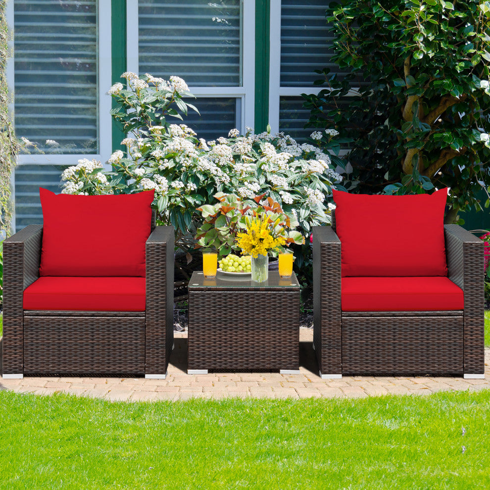 Costway 3PCS Patio Rattan Furniture Set Sofa Cushioned Garden Red