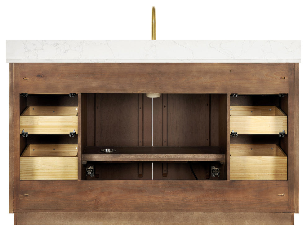 Oza Bath Vanity with Quartz Stone Top, Aged Dark Brown Oak, 60", Single Vanity, No Mirror