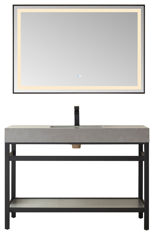 Funes Bath Vanity with Mirror, Matte Black Support, 48'', Grey Stone Top