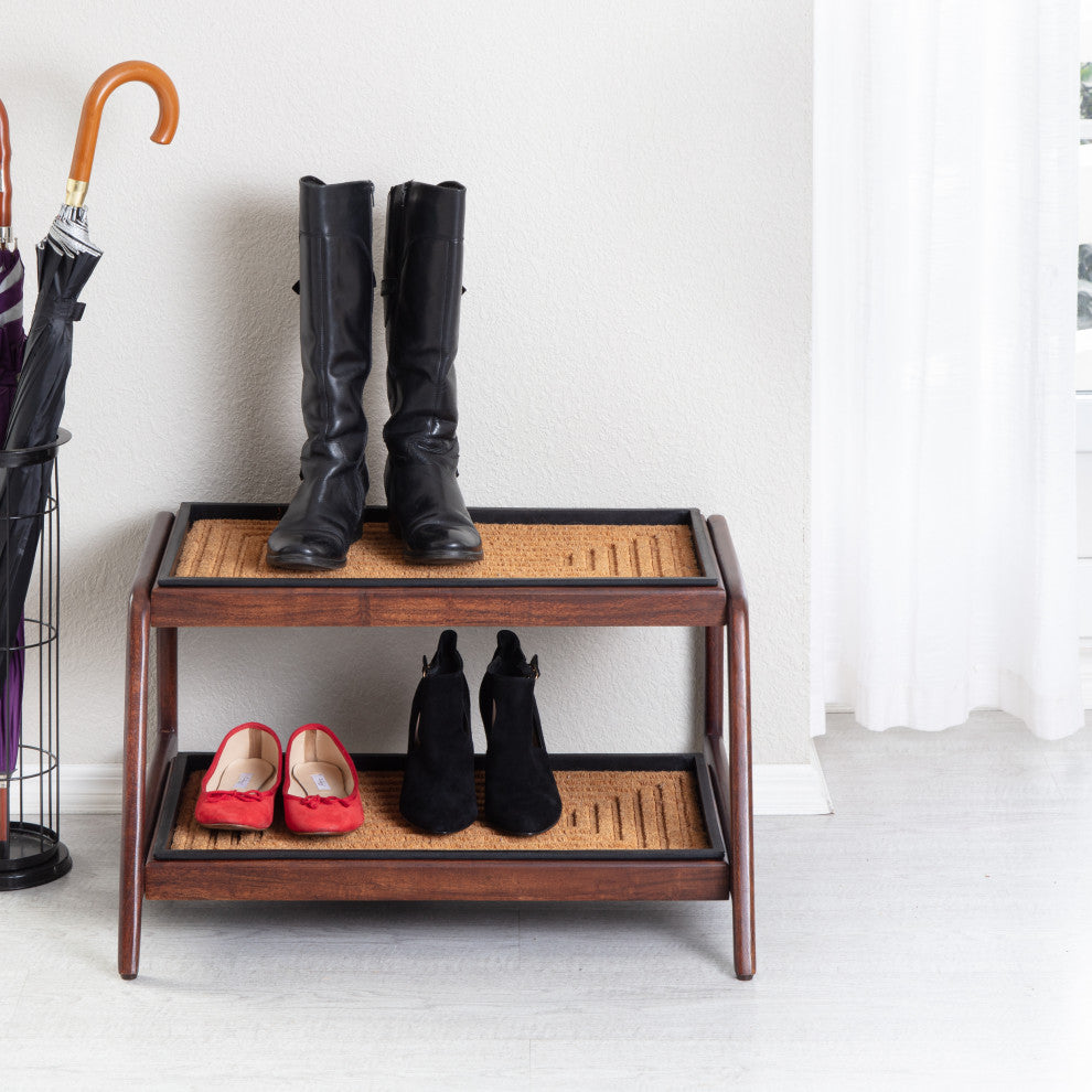 Double-Tier Brown Stand With 2-Pair Rubber Boot Trays Rectangle Ripple