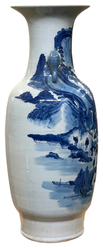 23" Vintage Blue White Scenery Porcelain Elephant Head Ear Art Vase Hws4363