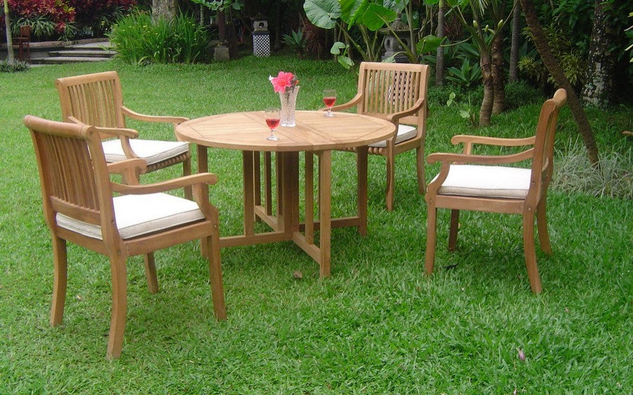 5-Piece Outdoor Patio Teak Dining Set, 48" Butterfly Table, 4 Arm Chairs