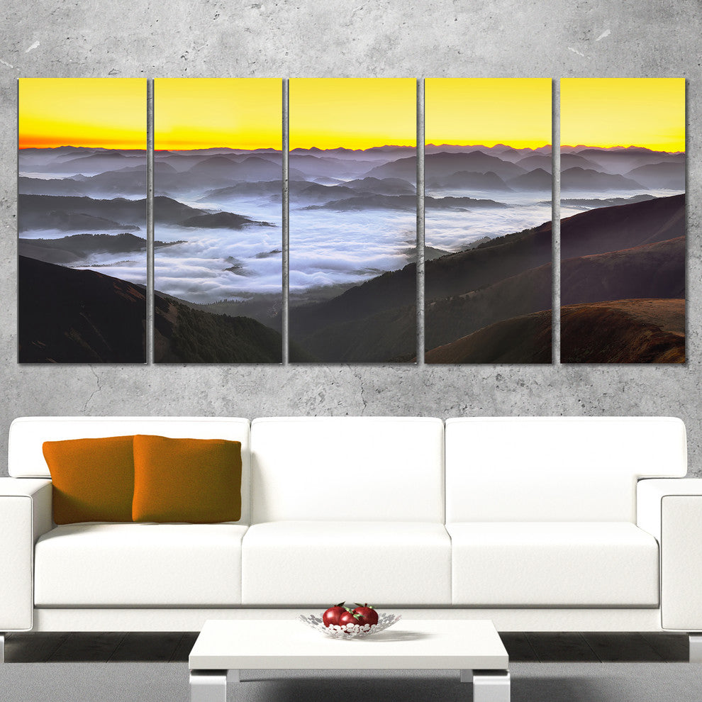 "Foggy Sunrise Over Mountains" Landscape Wall Art Wall Art, 5 Panels, 60"x28"