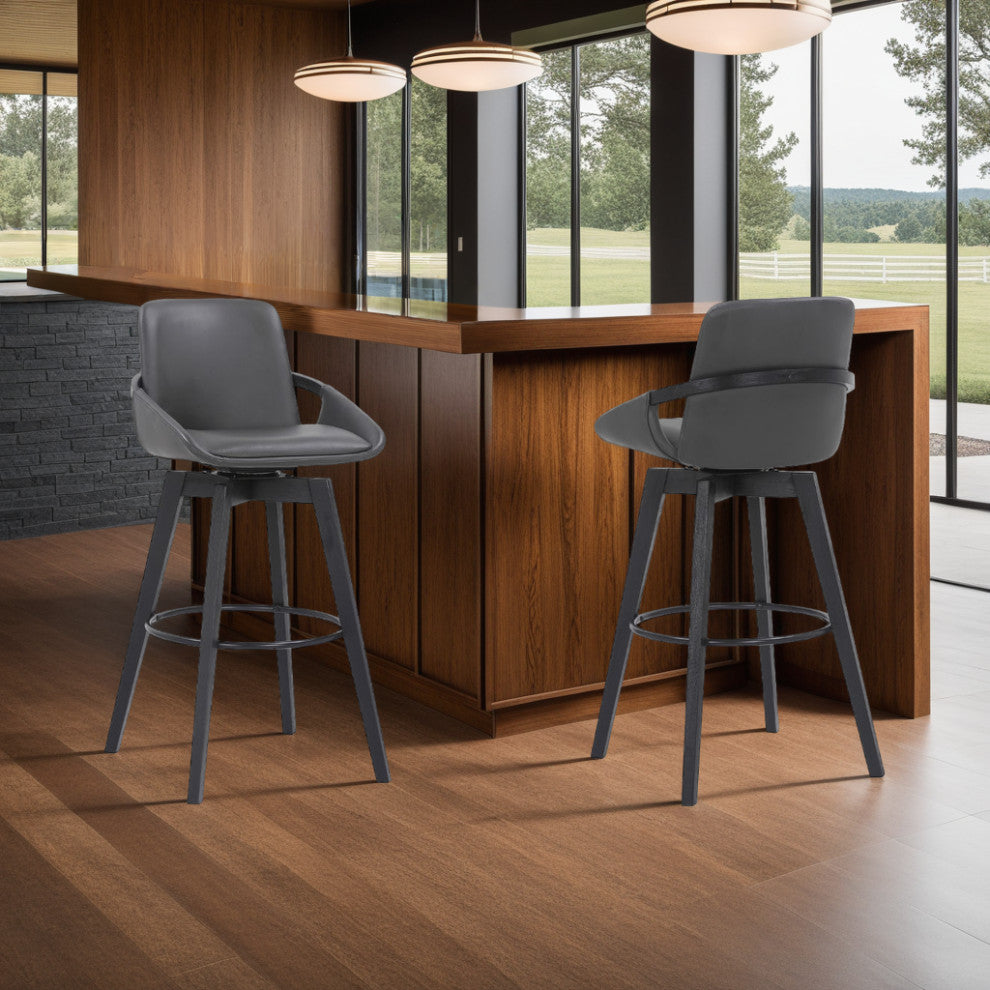 Baylor Swivel Wood Stool, Faux Leather, Gray/Black, 30" Bar Height