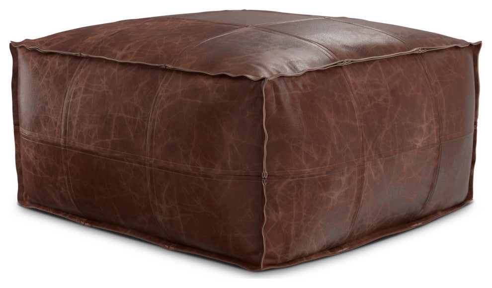 Sheffield Coffee Table Pouf, Distressed Brown Leather