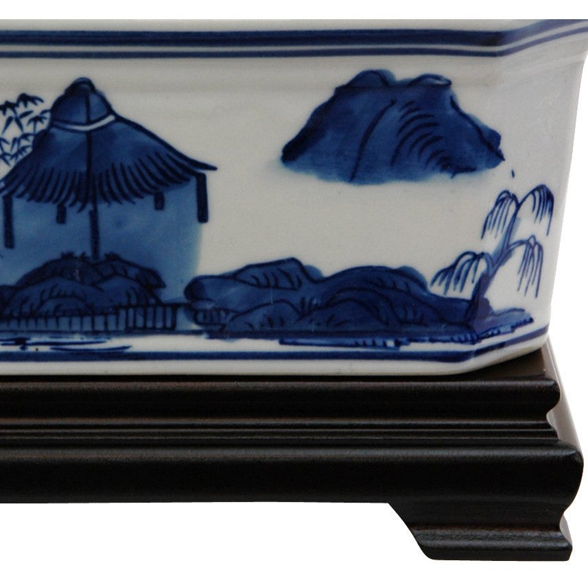 8" Landscape Blue and White Porcelain Covered Jar