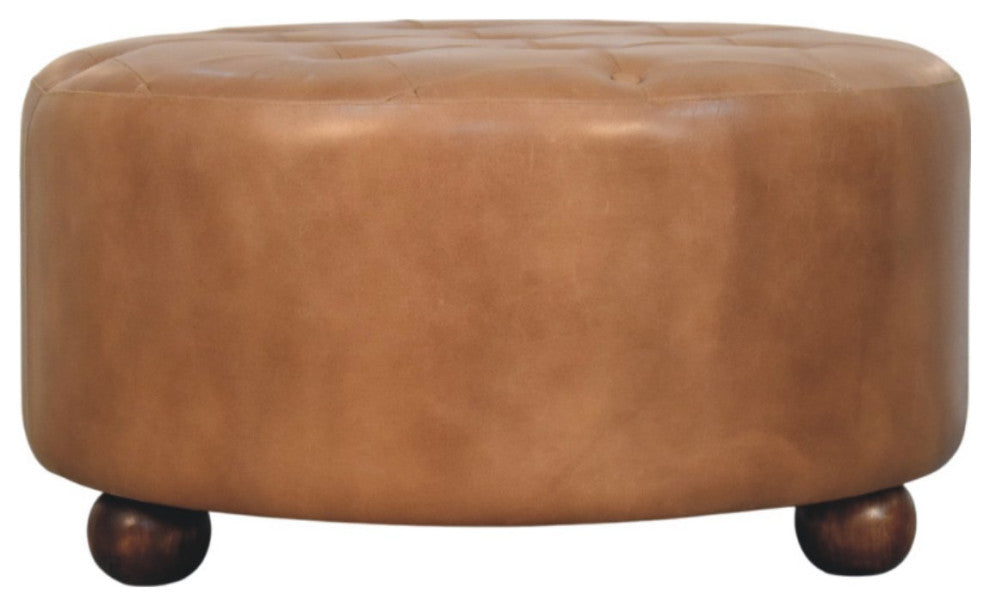 Ottoman upholstered Buffalo Brown hide leather Round Artisan Furniture