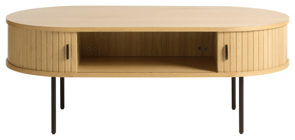 Mid-Century Modern Rounded Sliding Door Coffee Table 47x24, Natural Oak