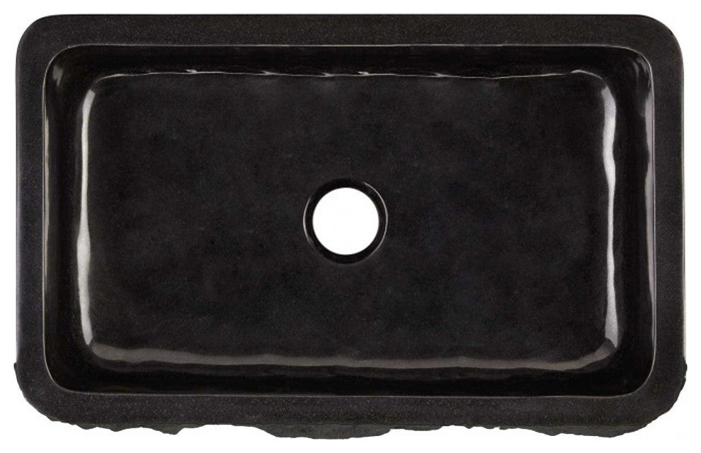Single Bowl Kitchen Sink, Black Granite With Natural Chiseled Apron