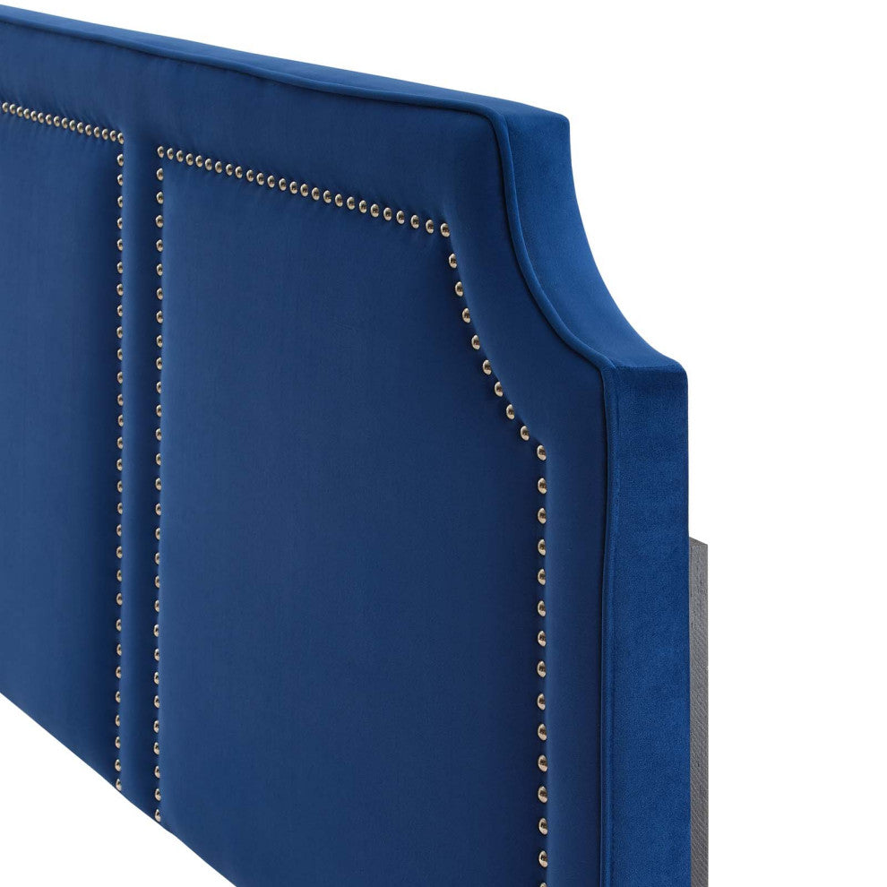 Headboard, Nailhead, King California, Blue Navy, Velvet, Modern, Mid Century