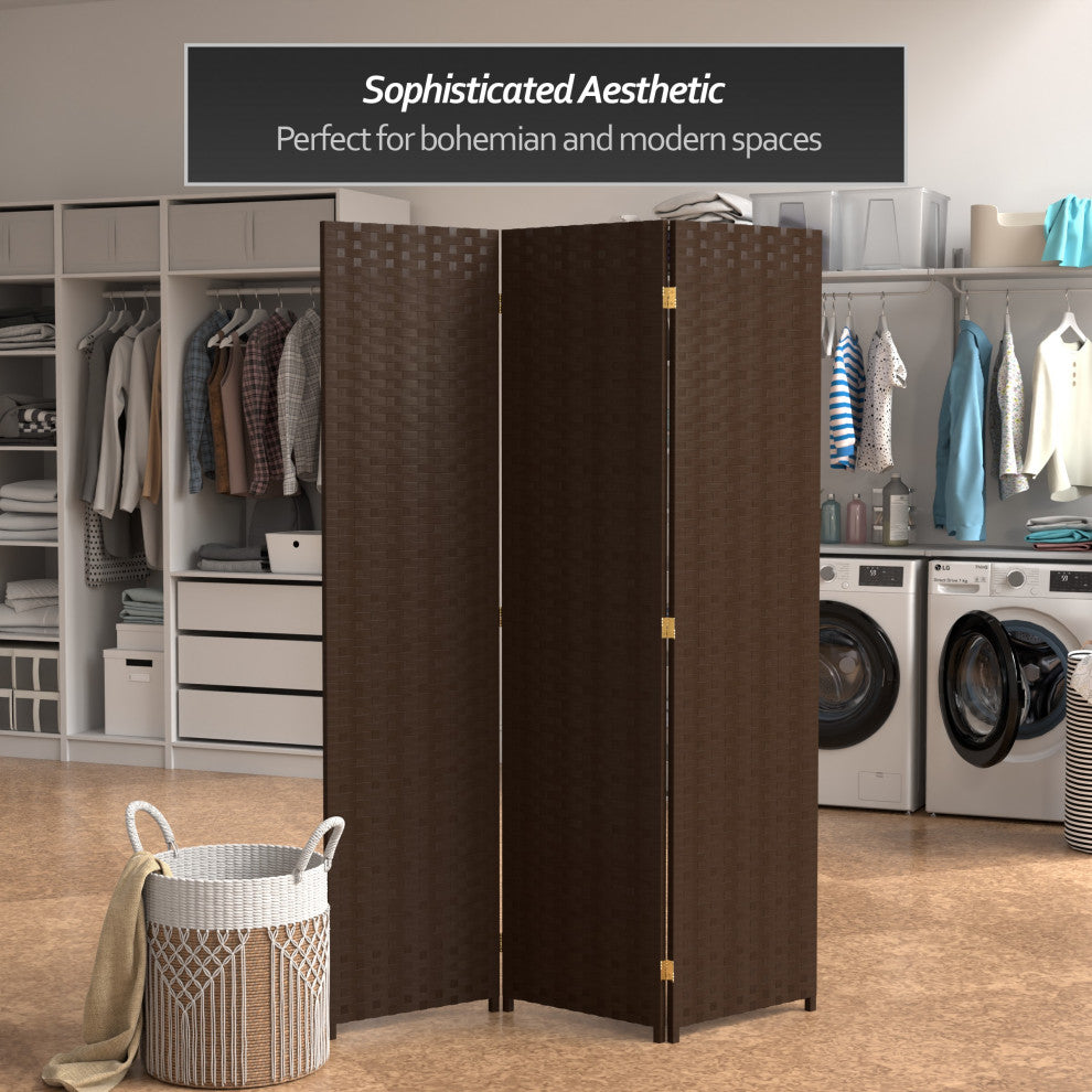 6' Tall Woven Fiber Room Divider, 3 Panel, Dark Mocha