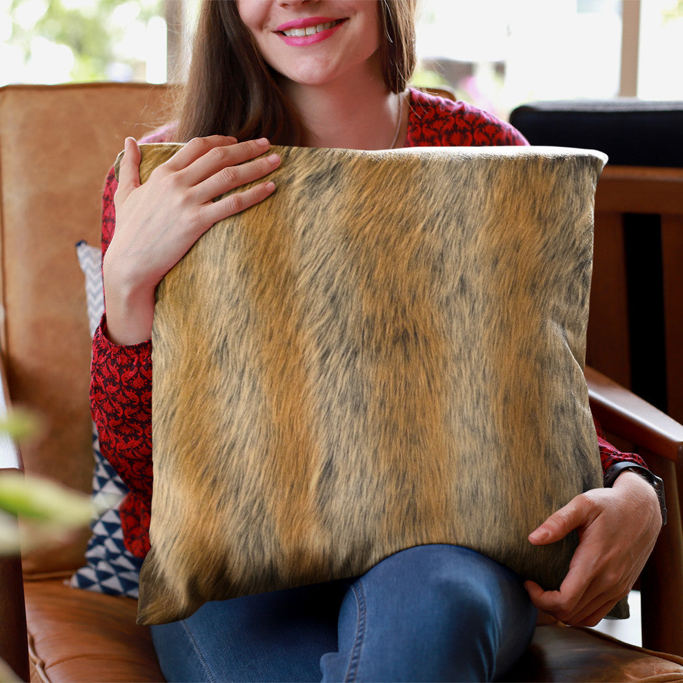 Plutus Brown Gold Chinchilla Faux Fur Luxury Throw Pillow, 18" x 18"