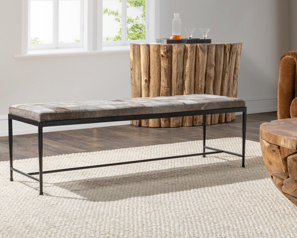 Achen Leather Hide Ottoman Bench by Kosas Home , Gray, 60"