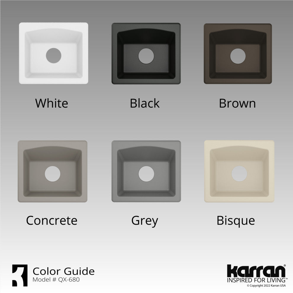 Karran Drop-in or Undermount Quartz 18" Single Bowl Kitchen Sink, Concrete