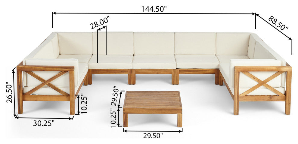 Isabella Outdoor 9 Seater Acacia Wood Sectional Sofa Set, Beige