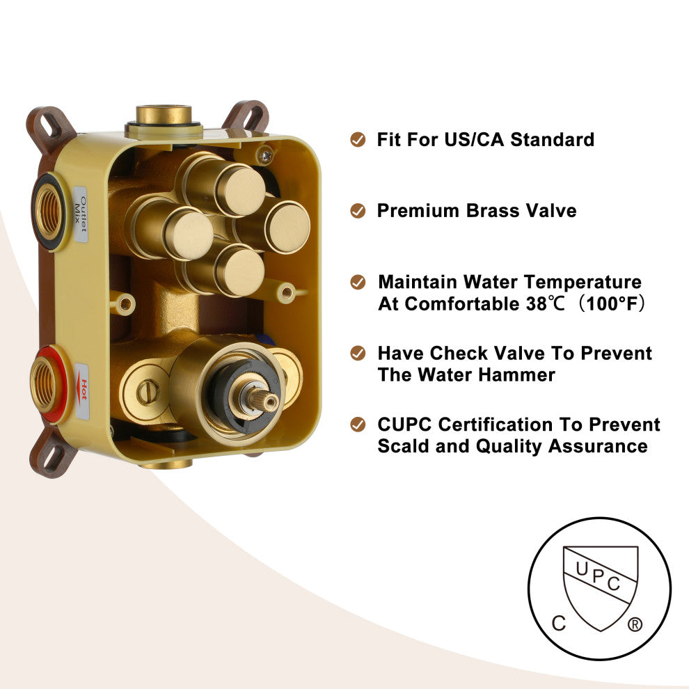 12" Dual Heads Shower System with 4 Way Thermostatic Faucet, Brushed Gold