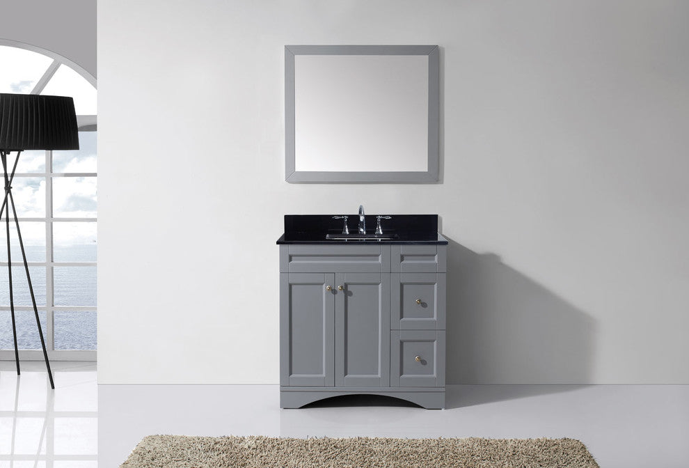 Virtu Elise 36" Single Bathroom Vanity, Gray , Black Granite Top, Mirror