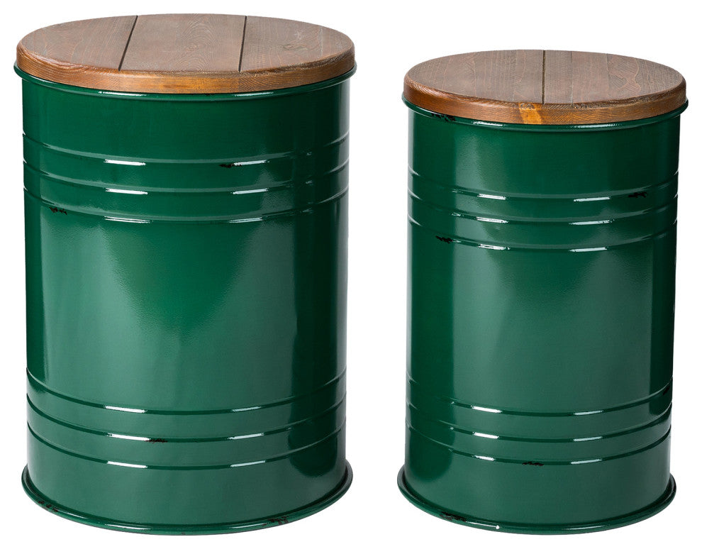 Farmhouse Metal With Solid Wood Seat Storage Stool, Set of 2, Hunter Green