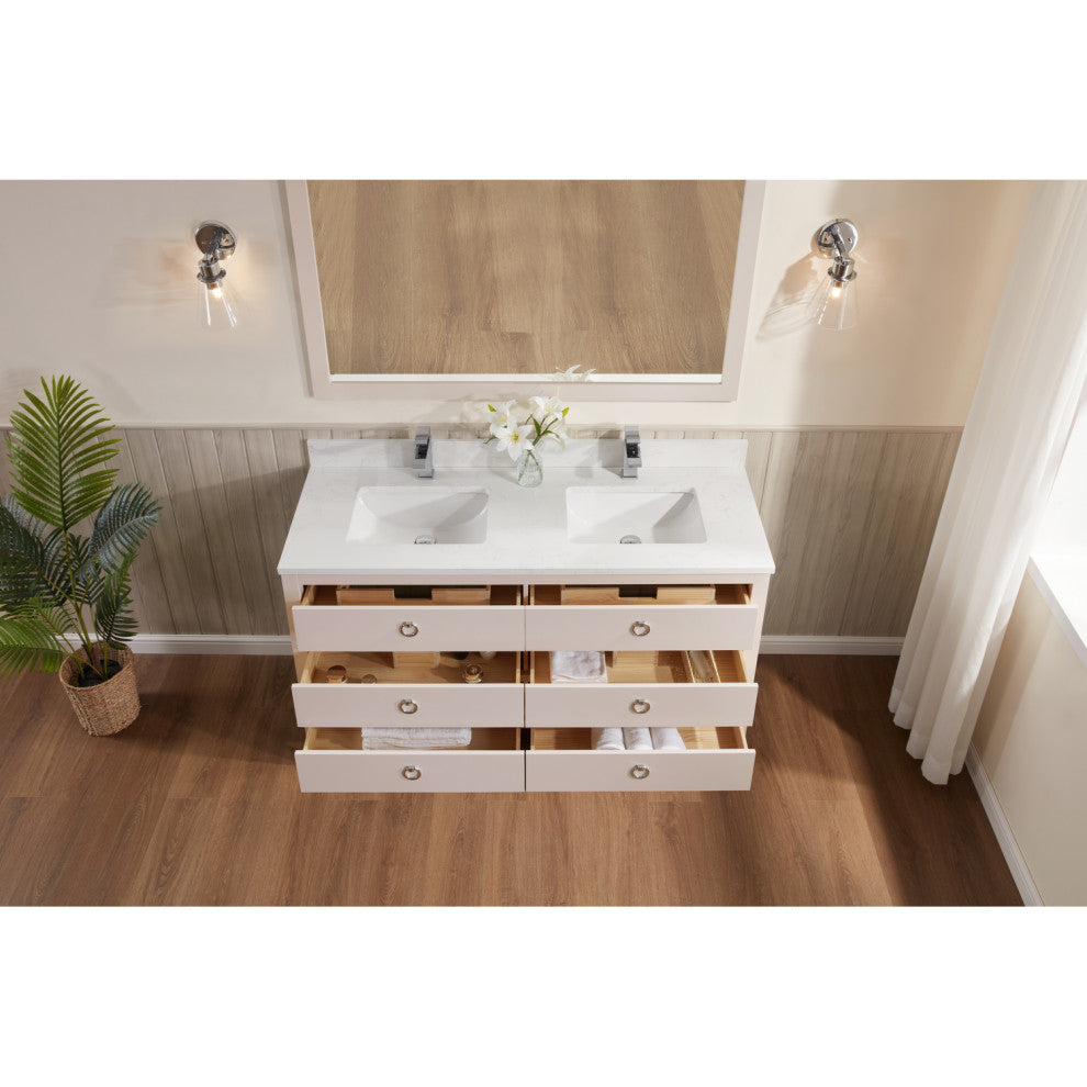 Vanity With Mirror, Sconce and Faucet Included, Dreamy White, 60"
