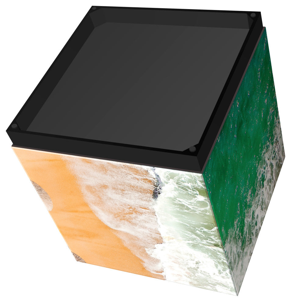 "Beach Bliss II" Reverse Printed Beveled Glass Side Table with Black Plinth Base