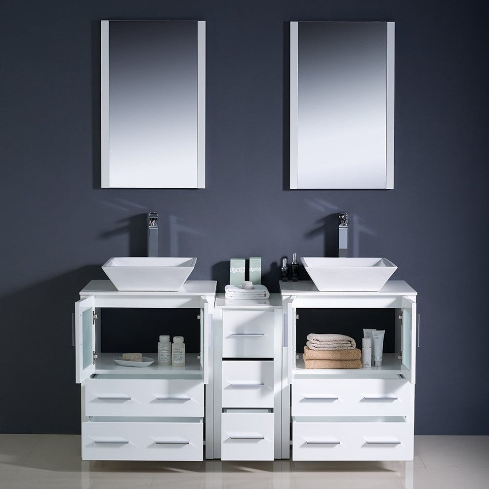 Torino 60" White Modern Double Sink Bathroom Vanity, Faucet FFT9152CH