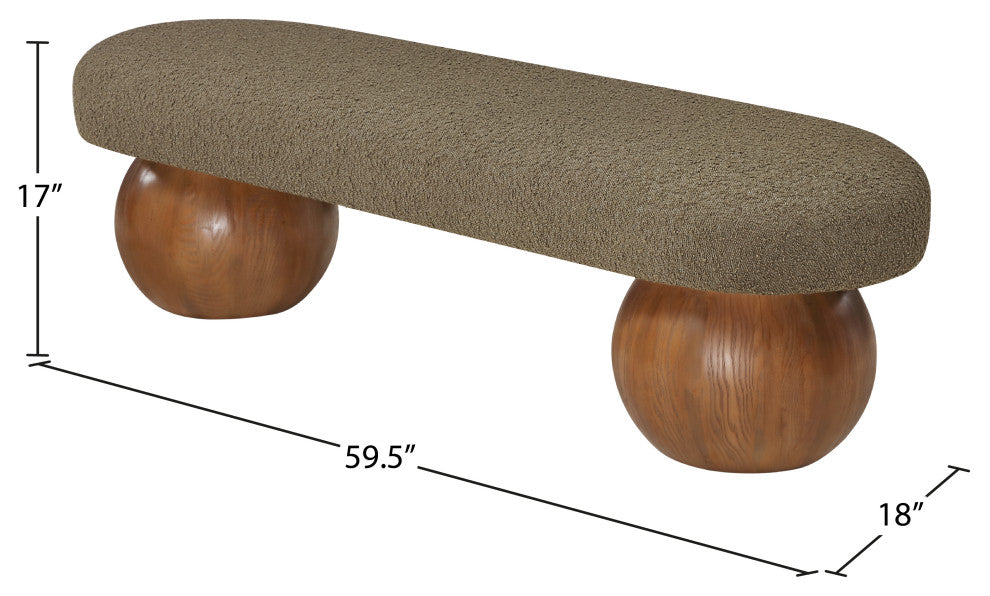 Meridian Furniture Bowie Boucle Fabric Upholstered Bench, Olive, Brown Finish