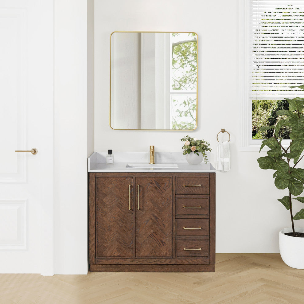 Jakarta Bath Vanity, Quartz Top No Mirror, Dark Brown Oak, 42", Single Vanity