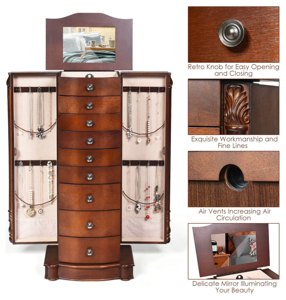 Costway Wood Jewelry Cabinet Armoire Box Storage Chest Stand Organizer Necklace