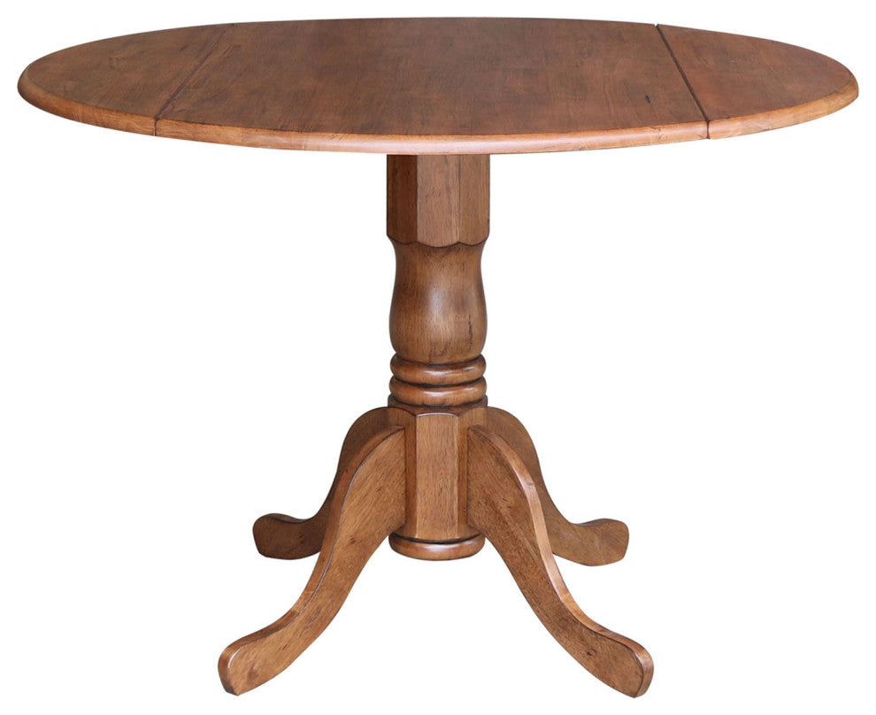 42" Round Dual Drop Leaf Pedestal Table, Distressed Oak