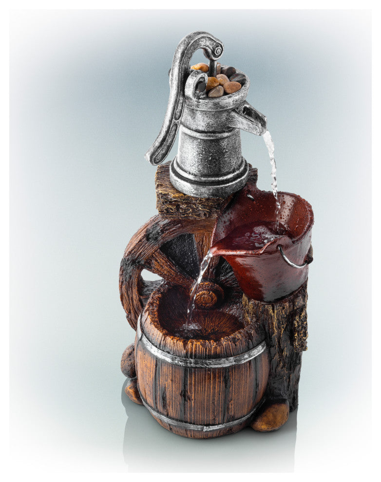 24" Tall Outdoor 3-Tier Old-Fashioned Pump Barrel Fountain Yard Art Decor