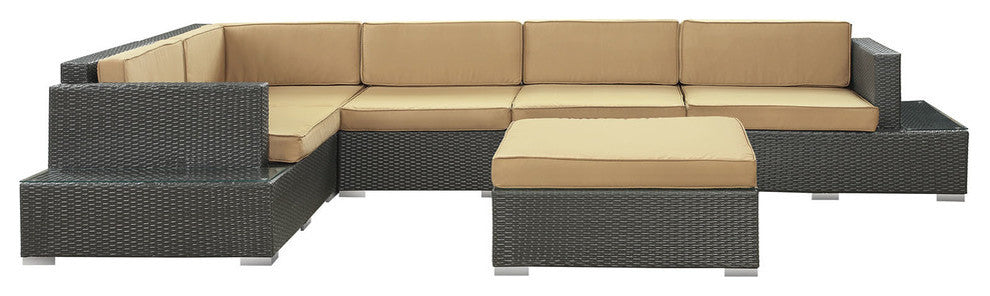 Modern Contemporary Outdoor Patio Rattan & Wicker 6 Pieces Sectional Set, Mocha