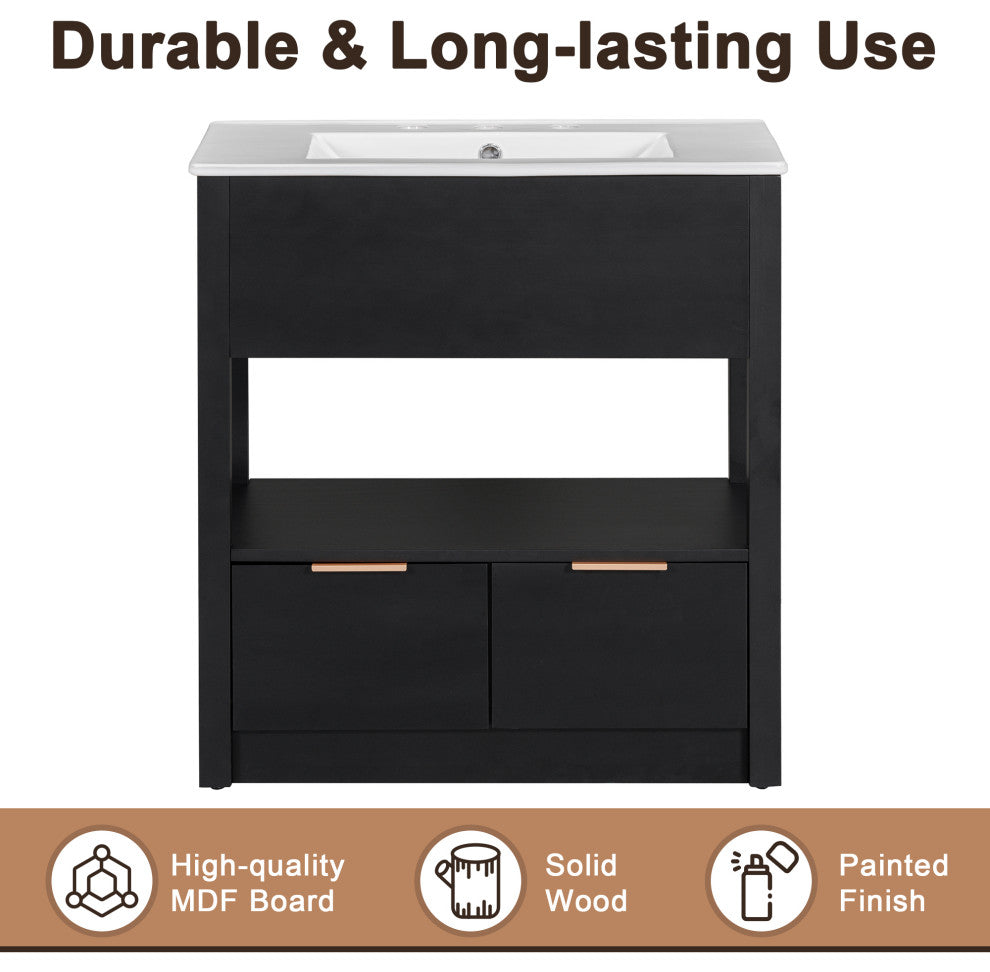 GDF Studio 30"W Vanity With Ceramic Sink, Open Shelf & Two Drawers, Black
