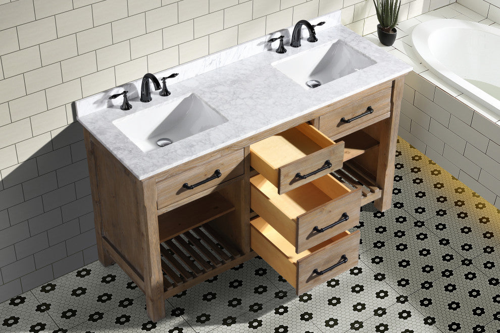 Lauren 60" Bathroom Vanity, Weathered Fir Finish, Italian Carrara Marble