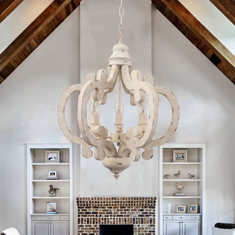 Cottage Chic Crown Wood Chandelier, 6 Light, Distressed White