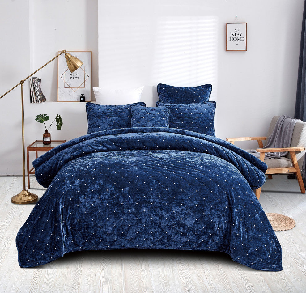 Velvet Dreams Dark Blue Plush Diamond Tufted Bedspread, 20x36