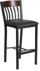 Vertical Back Black Metal and Walnut Wood Barstool With Black Vinyl Seat